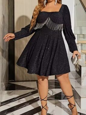 Glamaker Sparkle Fringe Long-Sleeve Fit & Flare Dress